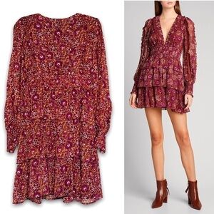 NWT HOUSE OF HARLOW 1960 Ruffle Tier Balloon Sleeve Berry Rust Floral Size 12